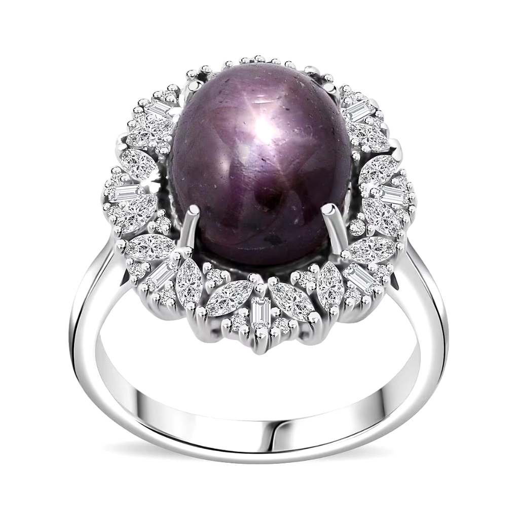 Indian Star Sapphire With Beautiful White Zircon Halo Of Multiple Shapes